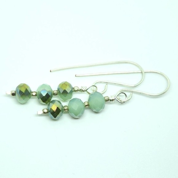 Handmade Sterling Silver Mint Green Faceted Dangle Earrings - Picture 2 of 13